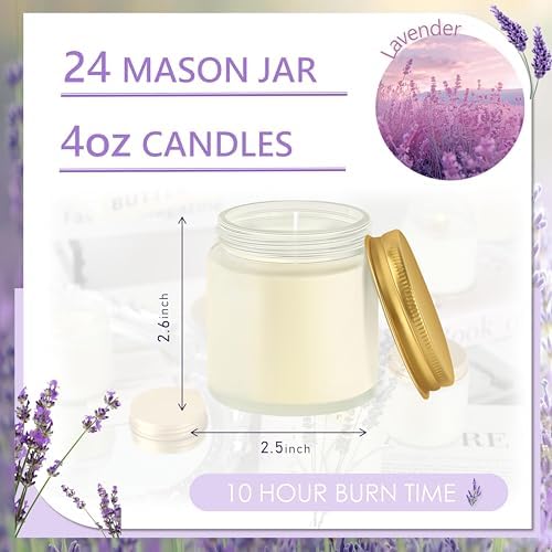 24 Pcs 4 Oz Mason Jar Candles, Lavender Scented Soy Candles Bulk Set for Stress Relief and Relaxation, Great Favors for Wedding, Christmas, Housewarming Gifts (Gold,Frosted Glass, Lavender, 24) - Image 2