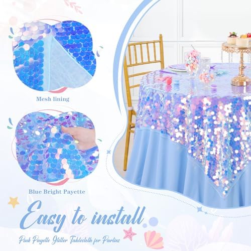 QueenDream Rectangle Sequin Blue Mermaid Tablecloth - 51x106 Inch Sequin Fabric Rectangle Table Cloths Mermaid Birthday Ocean Party Decoration - Image 5