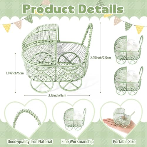 Threehoney 12 Pcs Baby Shower Mini Carriage Decoration Greenery Color Metal Wired Fillable Candy Stroller Baby Shower Table Centerpiece for Guest Gender Reveal Wedding Party Favor Gift - Image 2