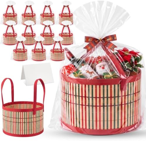 Weysat 12 Set Baskets for Gifts Empty Bulk, Large Woven Bamboo Gift Basket Kit with Handles, Bow, Wrap Bag to Fill for Raffle Thanksgiving Day Wedding Birthdays Party Wrapping (Red and Green) by Weysat