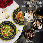 GATHER 350PCS Black Plastic Plates with Gold Rim for Wedding Party - Image 6