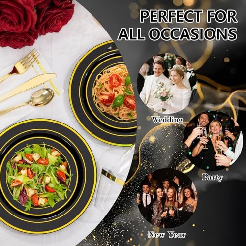 GATHER 350PCS Black Plastic Plates with Gold Rim for Wedding Party - Image 6
