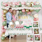 Baby in Bloom Baby Shower Decorations, 293pcs All-in-One Baby Shower Decor Kit Baby Box Banner Backdrop Tablecloth Plates Cake Topper Balloon Arch Sash Corsage Floral Sage Babyshower for Girl Boy - Image 6