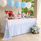 Blue Striped Tablecloth with White Scalloped Overlay Table Cover - Image 5
