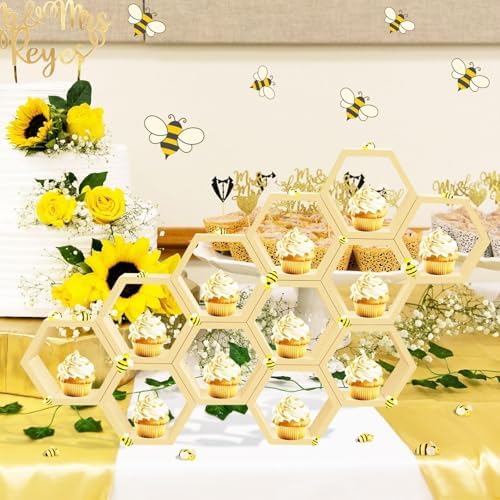 12 Pcs 5.5 Inch Honeycomb Cupcake Stand Cake Farmhouse Hexagon Display Holder Hexagonal Wood Cupcake Stand Floating Table Sign with Wooden Bee for Baby Shower Birthday Party Table Decorations - Image 2