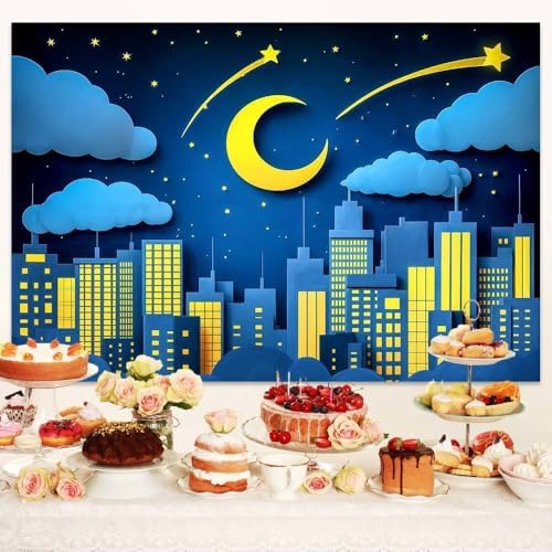 20x10ft Moon Stars Clouds Backdrop Super City Cartoon Paper Cut Hero Photography Backdrop Skyscraper Urban Light Girl Boy Birthday Baby Shower Party Photo Studio Props - Image 6
