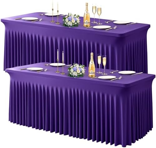 Wish Care 2 Pack Dark Purple Spandex Table Clothes for 4 Foot Rectangle Tables, 4FT Wrinkle Free Fitted Tablecloths Ruffles Design Table Cover for Party, Banquet, Wedding and Events by WishCare