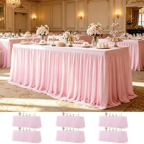 Wish Care 6 Pack Pink Tulle Tablecloth for 6 Foot Rectangle Tables Ruffle Stretch Fitted Table Cloths Wrinkle Free Table Cover with Tutu Skirt for Party Wedding Girls Birthday Baby Bridal Shower Cake by WishCare