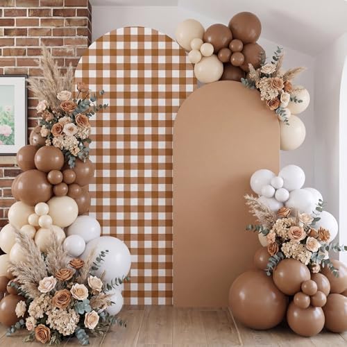 Tegeme 2 Set Gingham Arch Backdrop Cover 7.2ft 6.6ft Arch Cover, Khaki - Image 5