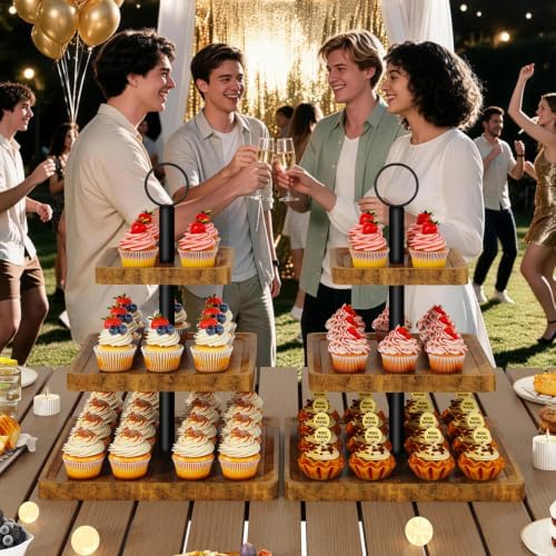 IBUYKE 3 Tier Square Cupcake Stand, Set of 2,Rustuc Brown TLJ030H-2 - Image 4
