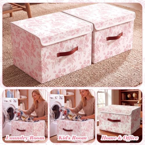 2 Pack Pink Floral Storage Bin with Lids, 17x11x12 Inch - Image 6