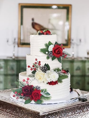 Rinlong 3Pcs Premade Cake Flowers, Red Green Wedding Cake Decor - Image 2