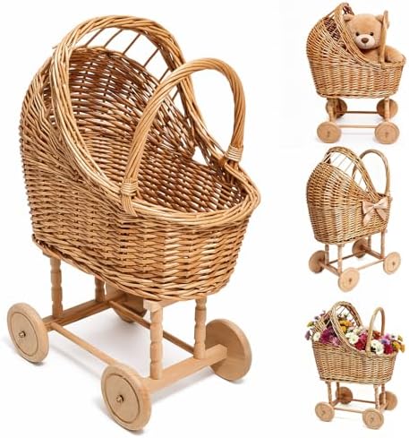 Vintage Wicker Baby Carriage Decor，Woven Rattan Stroller Flower Basket Cart for Wedding Centerpieces, Baby Shower Party Supplies & Nursery Floral Arrangement Props Floral Rustic Home Decor by Unknown
