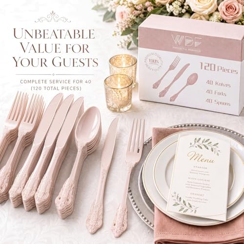 WDF 120 Pieces Heavy Duty Pink Plastic Cutlery Set - Disposable Utensils - Disposable Flatware Includes 40 Forks, 40 Spoons, 40 Knives for Party/Baby Shower/Wedding - Image 4