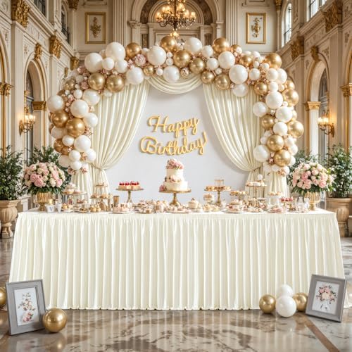 17ft Length Satin Ivory Table Skirt Rectangle Tables, Wrinkle Resistant Ruffle Table Skirting Glitter Teacher Desk Cover Skirt for Dorm Office Birthday Party Wedding Buffet Displays Trade Shows - Image 5