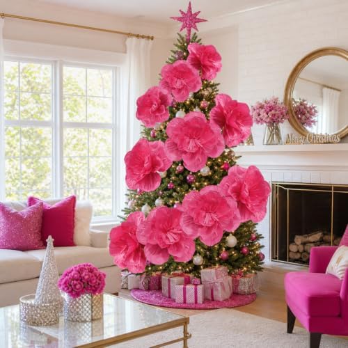 Giegxin 28 Pcs 14'' 10'' 6'' Hot Pink Christmas Paper Flowers Ornaments - Image 2