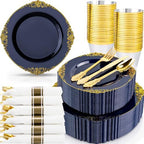 Nervure 350Pcs Blue Plastic Plates, Disposable Dinnerware Set for 50 Guests by Nervure