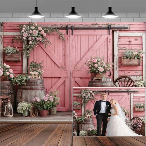 9x6ft Country Wedding Photography Backdrop Rustic Barn Door Photography Backdrop Farmhouse Pink Flower Cabin Wooden Birthday Baby Shower Wedding Bridal Party Banner Photo Booth Props Background by Mtsxfy