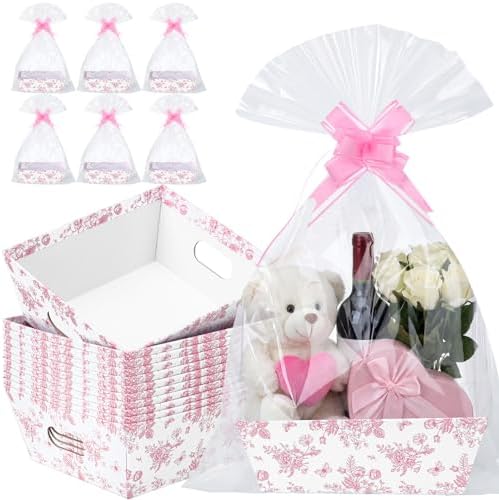 ForraFun 12 Pcs Pink Floral Baskets for Gifts Empty with Plastic Bag Ribbon Bow 8x10'' Pink White Cardboard Gift Wrapping Basket with Handle to Fill for Spring Wedding Bridal Birthday Party Supplies by Unknown