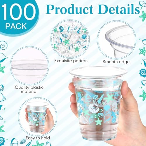100 Pcs Seashell Plastic Cups 12 oz Summer Beach Starfish Disposable Plastic Drinking Cups Bulk for Under the Sea Ocean Pool Birthday Wedding Bridal Baby Shower Party Decoration Supplies - Image 3