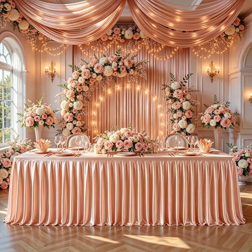 6 Pack Rose Gold Satin Table Clothes for 8 Foot Rectangle Tables - 8FT Wrinkle Resistant Glitter Rectangle Tablecloths, Party Table Covers for Wedding Banquet, Baby Shower, Birthday, Holiday Dinner by WishCare