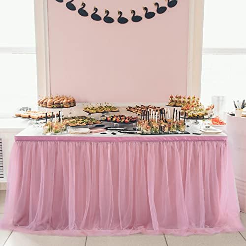 108in Dusty Rose Tulle Table Skirt for Rectangle Tables 6/4ft, 2-Layer Gold Grim Blush Pink Ruffle Tulle Tutu Cloth Table Skirt 9ft for Wedding Birthday Party Baby Shower Dessert(No Table Cover) - Image 5