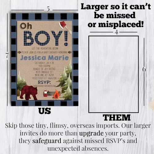 Amanda Creation Custom Baby Shower Invites Blue Lumberjack Baby Shower Invitations 20 5x7 Custom Personalized Invites With Envelopes - Image 7