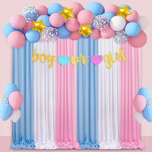 Baby Shower Backdrop Curtain 15ftx7ft - Blue Pink Wrinkle Free Satin Drapes by SoarDream