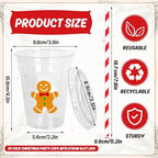 Whaline 50 Pcs Christmas Disposable Plastic Cups with Lids and Straws 12 oz Party Cups Gingerbread Man Cold Beverage Drinking Cups for Xmas Holiday Party Supplies - Image 2