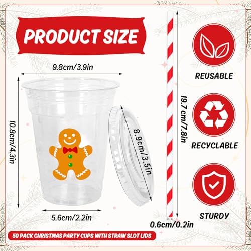 Whaline 50 Pcs Christmas Disposable Plastic Cups with Lids and Straws 12 oz Party Cups Gingerbread Man Cold Beverage Drinking Cups for Xmas Holiday Party Supplies - Image 2