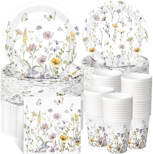 Wildflower Party Decorations, Paper Plates Napkins Cups Serve 50, Elegant by Ziliny