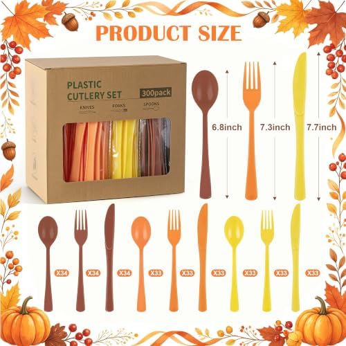 300Pcs Fall Color Plastic Silverware Set, Disposable Forks Spoons Knives - Image 7