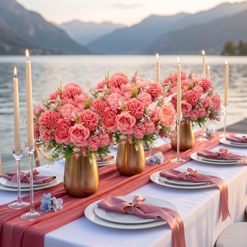 Tigeen 12 Bundles Artificial Flowers Bouquet Silk Peonies, Coral Red - Image 4