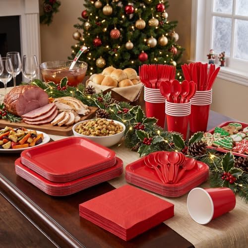 Vyntra 350 Pcs Red Square Paper Plates and Napkins Set, Serves 50 - Image 4