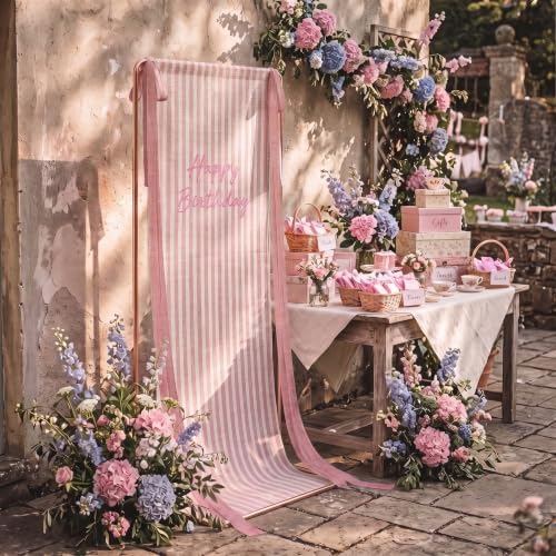 Striped Happy Birthday Sign Stand with Linen Ribbon, Pink - Image 5