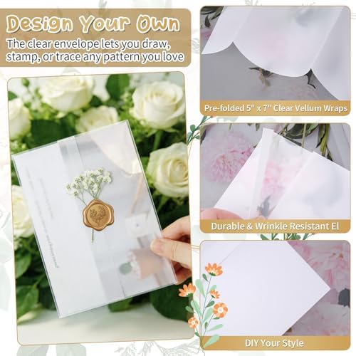 Hysagtek 50 Set Wedding Invitation Wrap Kit - Pre-Folded Vellum Jackets Bulk for 5 x 7 Invitations, Chiffon Ribbon Gold Wax Seal Stickers Dried Gypsophila for Bridal Invite Baby Shower DIY Craft - Image 3
