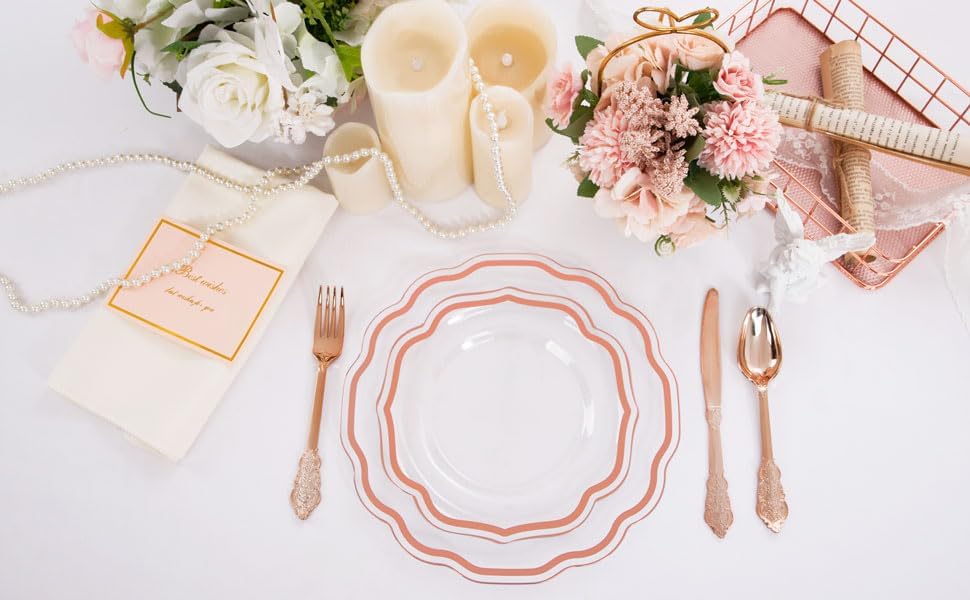 NOCCUR 150PCS Rose Gold Plastic Plates&Rose Gold Silverware-Include 30Dinner Plates, 30Salad plates, 90 Disposable Rose Gold Utensils- Ideal for Weddings/Party/Mother's Day - Image 5