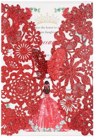Hosmsua 50PCS Personalized Red Butterfly Invitation 5.12 x 7.3'' Laser Cut Lace Flora Quinceanera Invitation with Envelopes for Bridal Shower Sweet 16, XV Anos Birthday Invite (Red Glitter) by Hosmsua