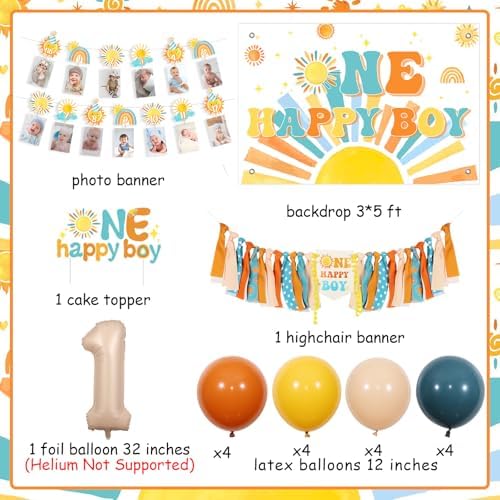 Cheereveal Boho Sun 1st Birthday Decorations Blue and Orange, One Happy Boy Backdrop Banner, Sunshine Photo Banner Cake Topper, Sun Rainbow Themed First Birthday Baby Shower Party Supplies for Boy - Image 6
