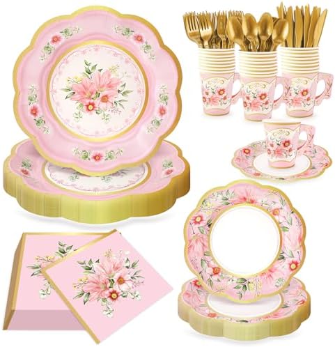 168PCS Flower Tea Party Supplies, Pink Vintage Floral Party Plates Set by FightingtoAchieve