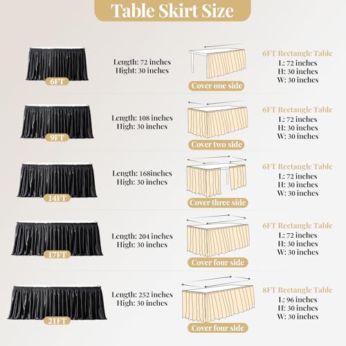 Wish Care 21ft Black Satin Long Table Skirt for Rectangle Tables Wrinkle Free Teacher Desk Skirt Glitter Ruffle Table Skirting Cloth for Back to School Classroom Office Dorm Birthday Party Table Decor - Image 6