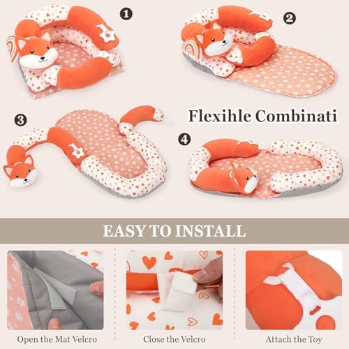 4 in 1 Tummy Time Mat with Educational Cards, Play Mat & Sitting Support for Newborn 0-12 Months, Infant Baby Sit Me Up Floor Seat, Sensory Skills Gifts, Fox - Image 5