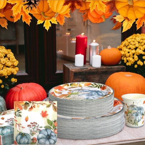 Hsei 250 Pcs Fall Blue Pumpkin Plate and Napkin Party Disposable Tableware - Image 5