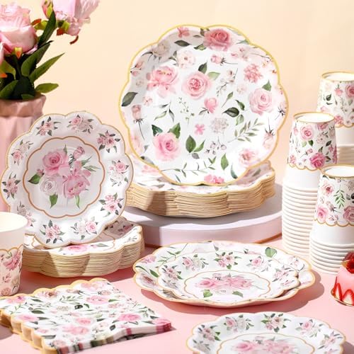 Funnymoom 250 Pcs Pink Gold Floral Paper Plates Napkins Cups Serves 50 - Image 4