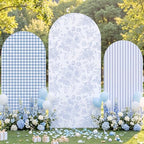 SiliFine Set of 3 Blue Chinoiserie Floral Arch Cover 4ft 5ft 6ft Striped Stretchy Backdrop Covers Gingham Patterns Backdrop Cover for Wedding Birthday Party Bridal Shower Baby Shower Celebration - Image 5