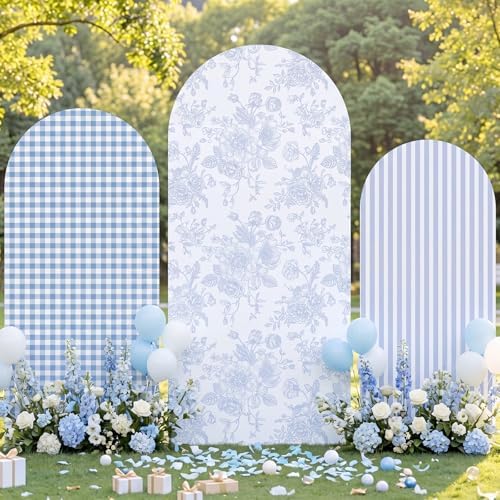 SiliFine Set of 3 Blue Chinoiserie Floral Arch Cover 4ft 5ft 6ft Striped Stretchy Backdrop Covers Gingham Patterns Backdrop Cover for Wedding Birthday Party Bridal Shower Baby Shower Celebration - Image 5