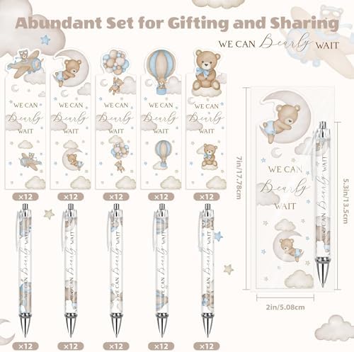 60 Sets Baby Shower Gifts Pens in Bulk for Guests Blue Bear Party Favors Retractable Ballpoint Pen with Bookmarks Black Ink Gender Reveal Souvenirs Prizes Gifts Supplies - Image 2