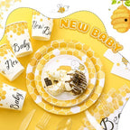 FillTouch 350 Pcs Bee Party Tableware for 50 Guests Baby Shower Bee Paper Plates Disposable Napkins Cups Plastic Knives Fork Spoon for Birthday Wedding - Image 3