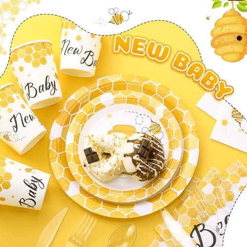 FillTouch 350 Pcs Bee Party Tableware for 50 Guests Baby Shower Bee Paper Plates Disposable Napkins Cups Plastic Knives Fork Spoon for Birthday Wedding - Image 3