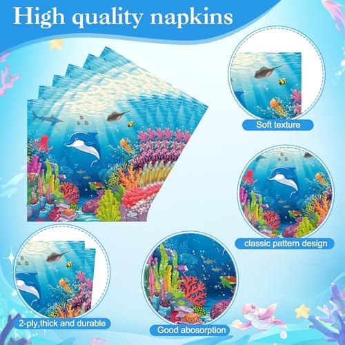 Pickmesh 250 Pcs Under The Sea Party Supplies Ocean Theme Paper Plates Napkins and Cups Sea Animal Disposable Tableware Set Underwater Creatures Party Decorations for Birthday Baby Shower Serve 50 - Image 4